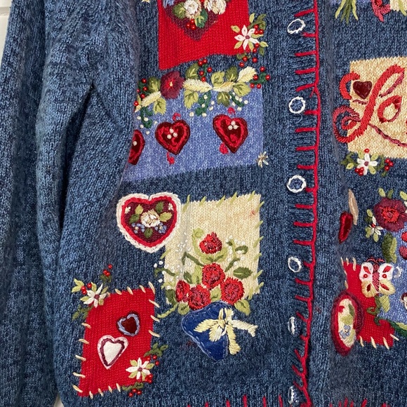 Vintage Valentine Love Cotton Cottagecore Grandma Embroidered Sweater Cardigan - Picture 6 of 12
